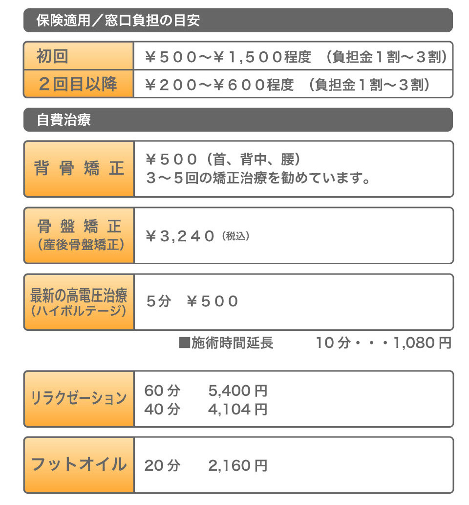 ひなた 整骨 院 料金