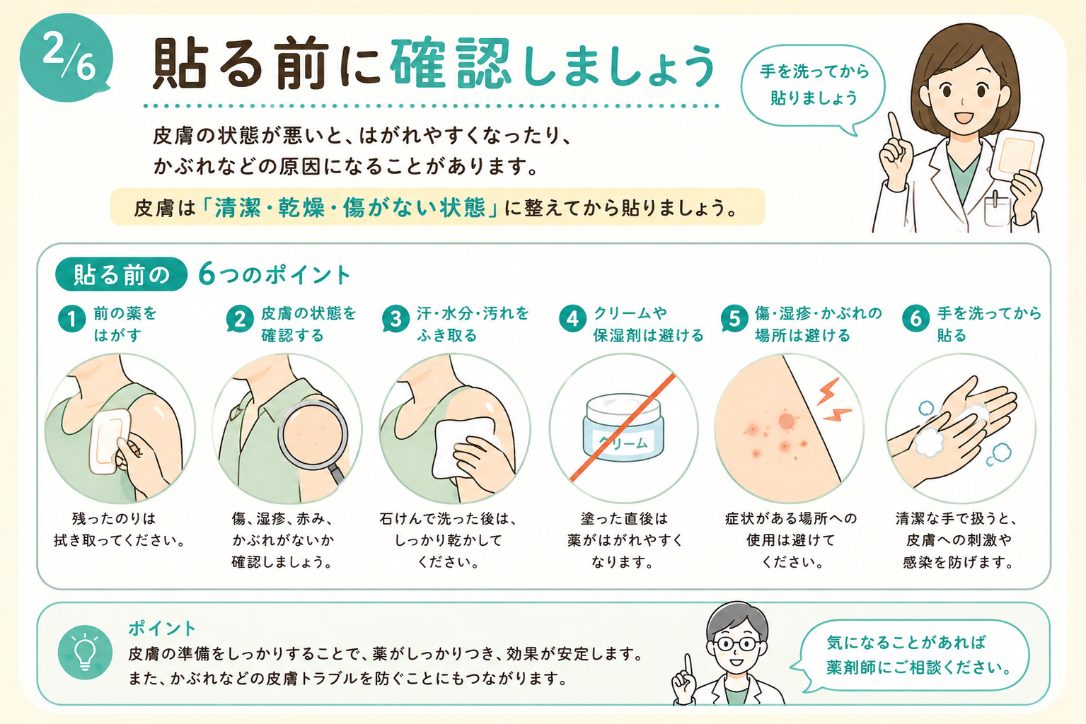 貼付薬を貼る前の準備。前の薬をはがし、皮膚の状態を確認して、水分を拭き取る手順