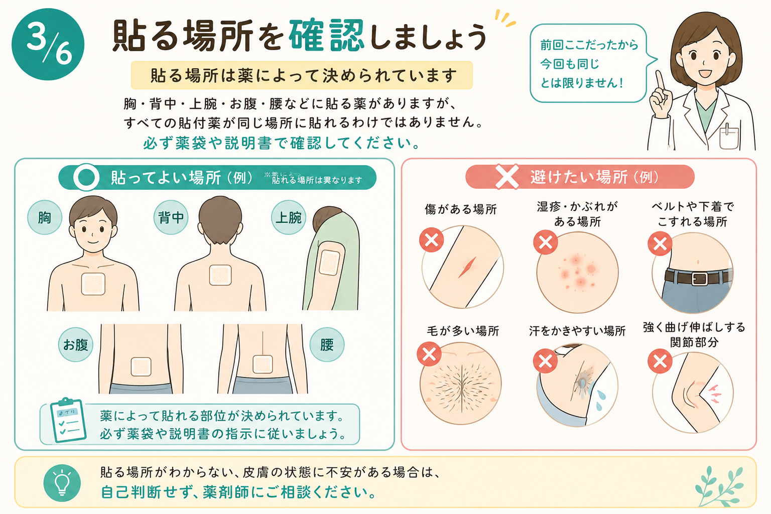 貼付薬を貼る場所を確認しましょう。傷や湿疹などがある場所には貼らないように