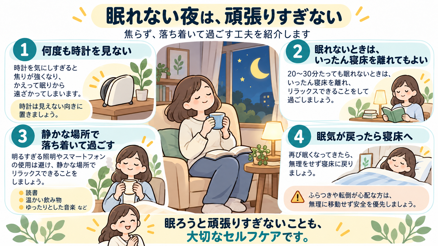 眠れない夜の過ごし方。時計を気にしすぎず、無理に眠ろうとしない工夫