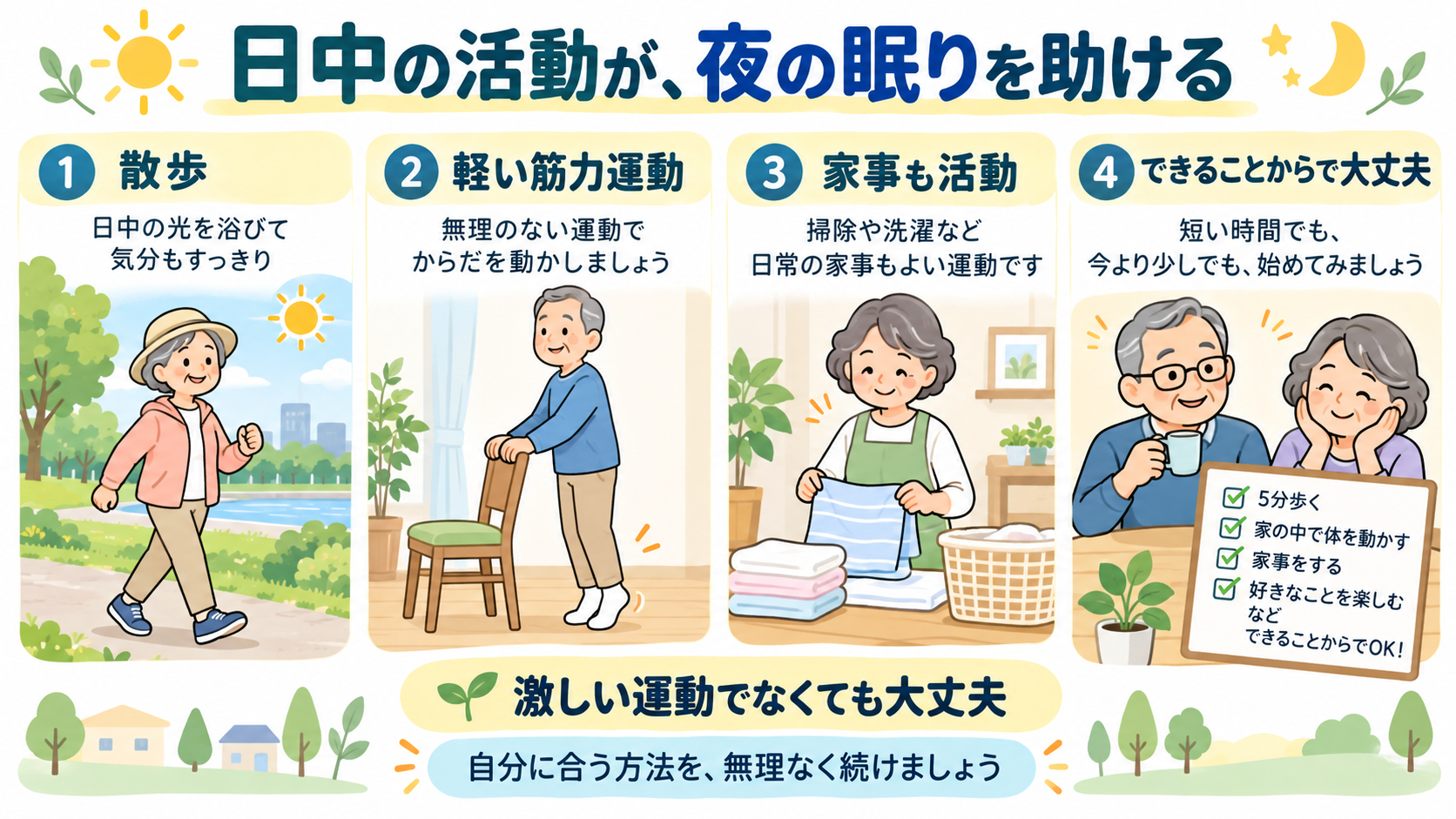 日中の活動と睡眠の関係。散歩、軽い筋力運動、家事など、自分に合った活動を紹介
