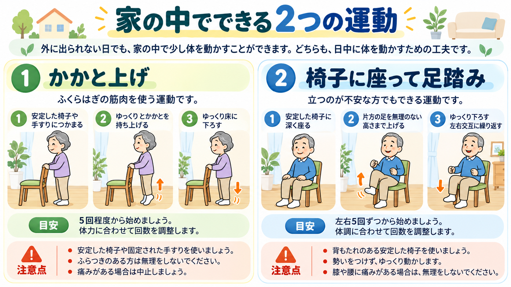 かかと上げと椅子に座った足踏みのやり方。安定した椅子を使用し、無理のない回数で行う