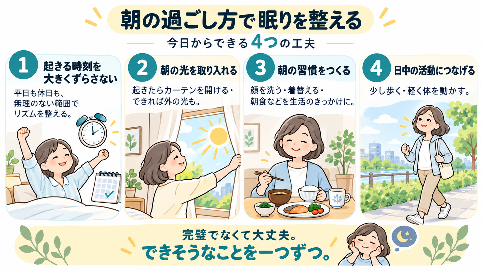 休日の寝だめについて。平日の睡眠不足をためこまず、休日の起床時刻を大きくずらさず、睡眠不足のときは休息も大切にする
