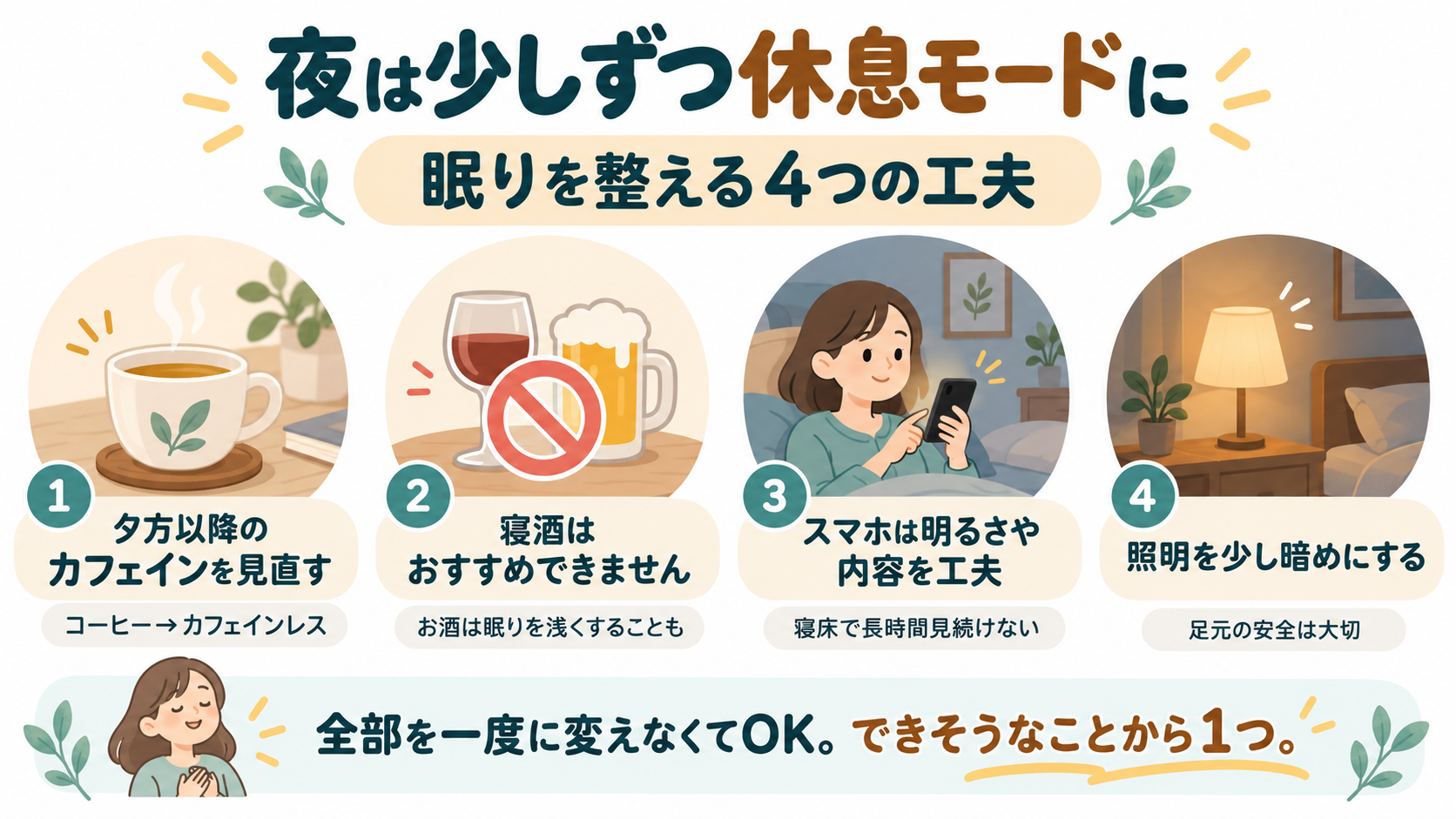 夜の休息を整える4つの工夫。夕方以降のカフェインを見直す、寝酒はおすすめできない、スマホは明るさや内容を工夫する、照明を少し暗めにする