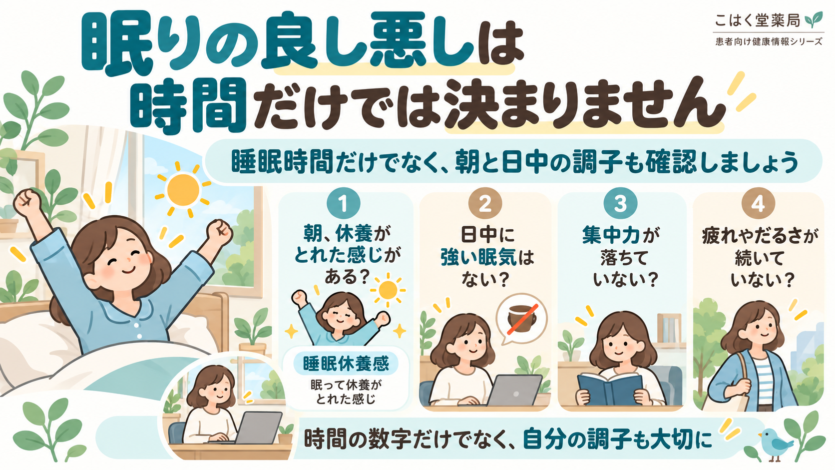 睡眠時間だけでなく、朝の休養感、日中の強い眠気、集中力の低下、疲れやだるさが続いていないかも確認しましょう
