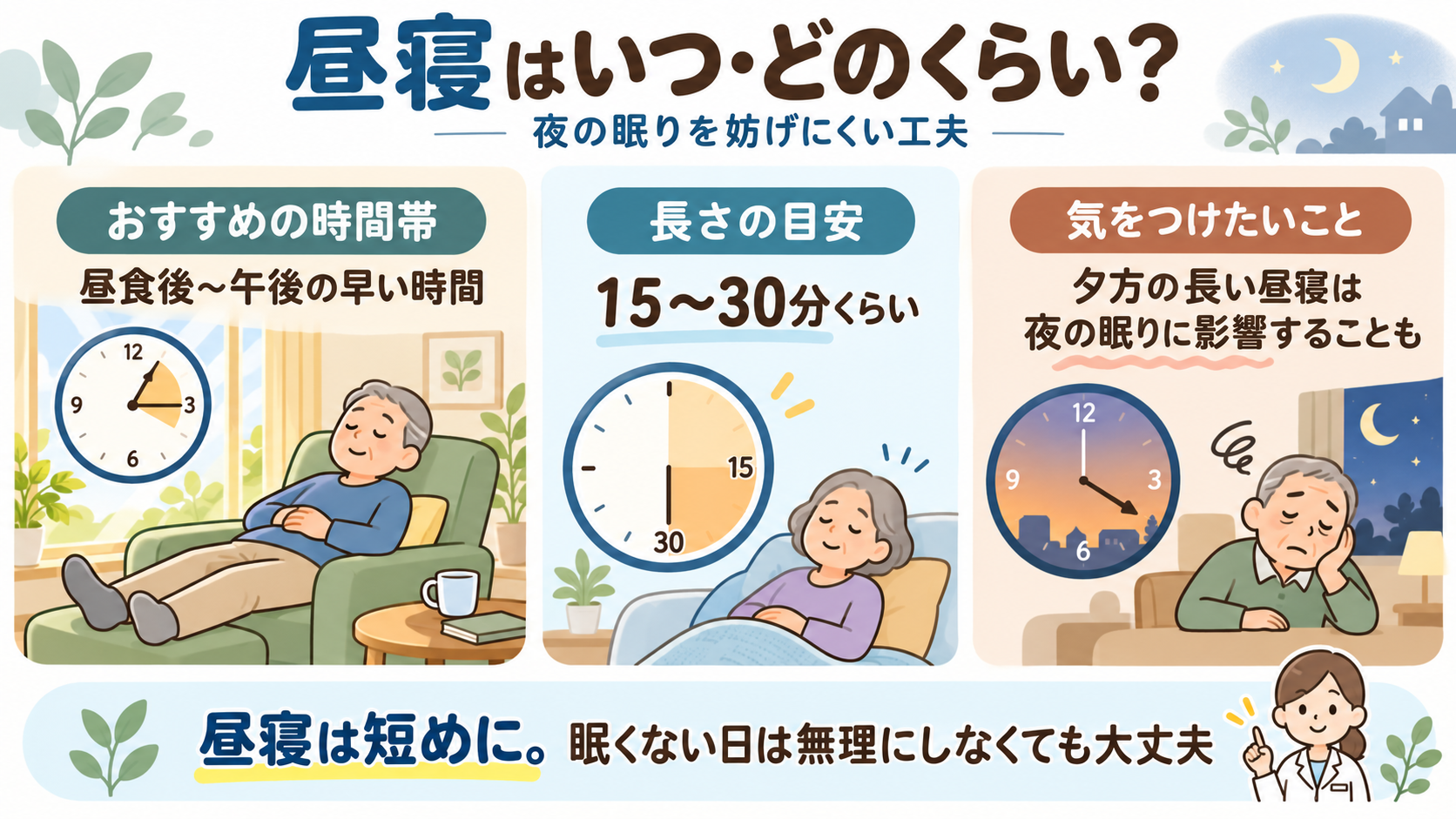 昼寝は昼食後から午後の早い時間に15〜30分程度を目安に。夕方の長い昼寝は夜の眠りに影響することがあります。
