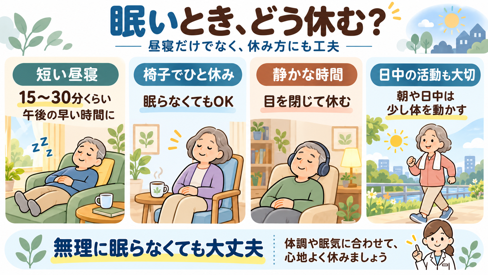 眠いときの休み方。短い昼寝、椅子での休憩、静かな時間など、体調や眠気に合わせた休み方を紹介。朝や日中の適度な活動も大切です。