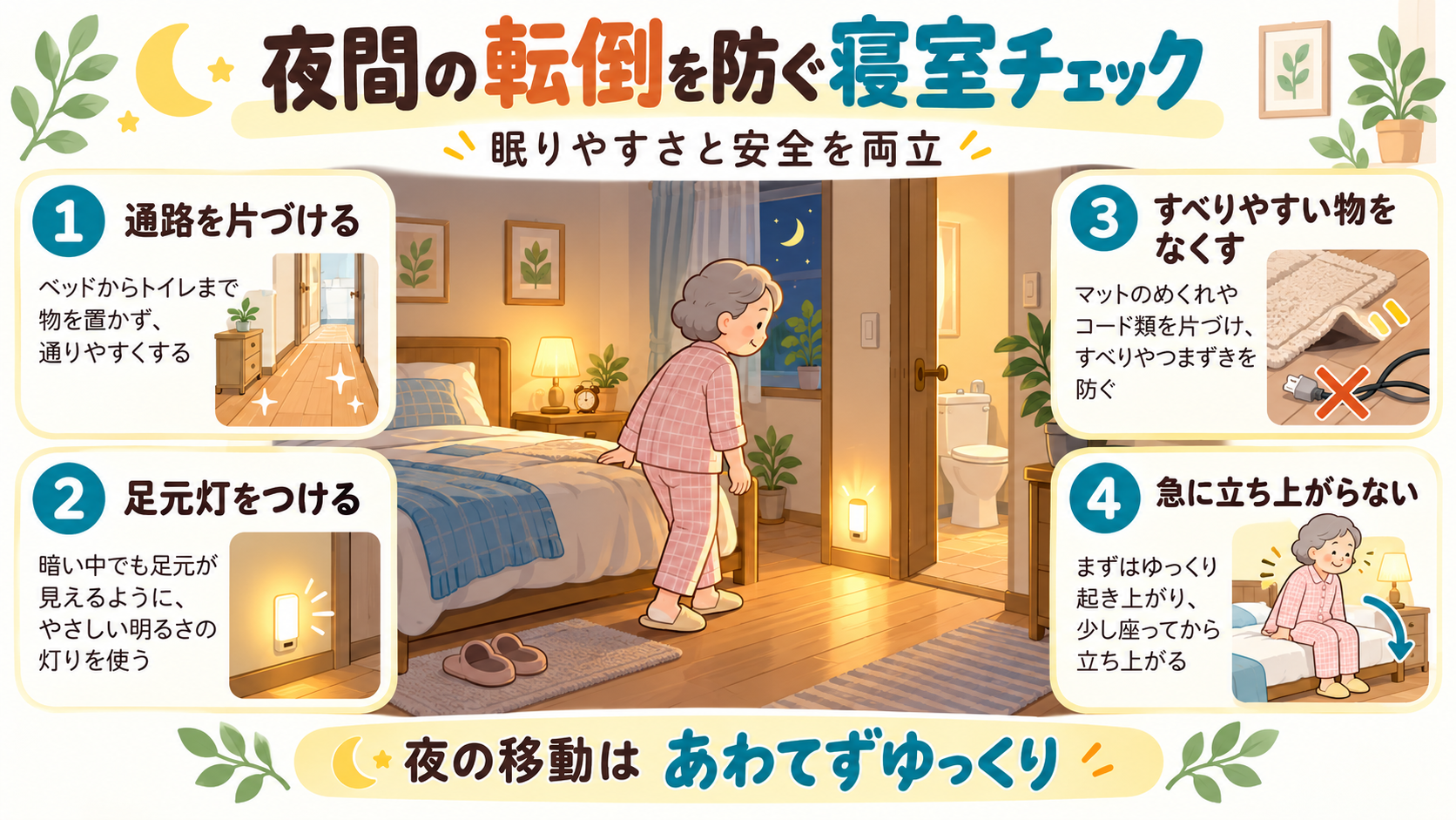 夜間の転倒予防。通路を片づける、足元灯を使う、滑りやすいマットやコードを整理する、ゆっくり立ち上がる
