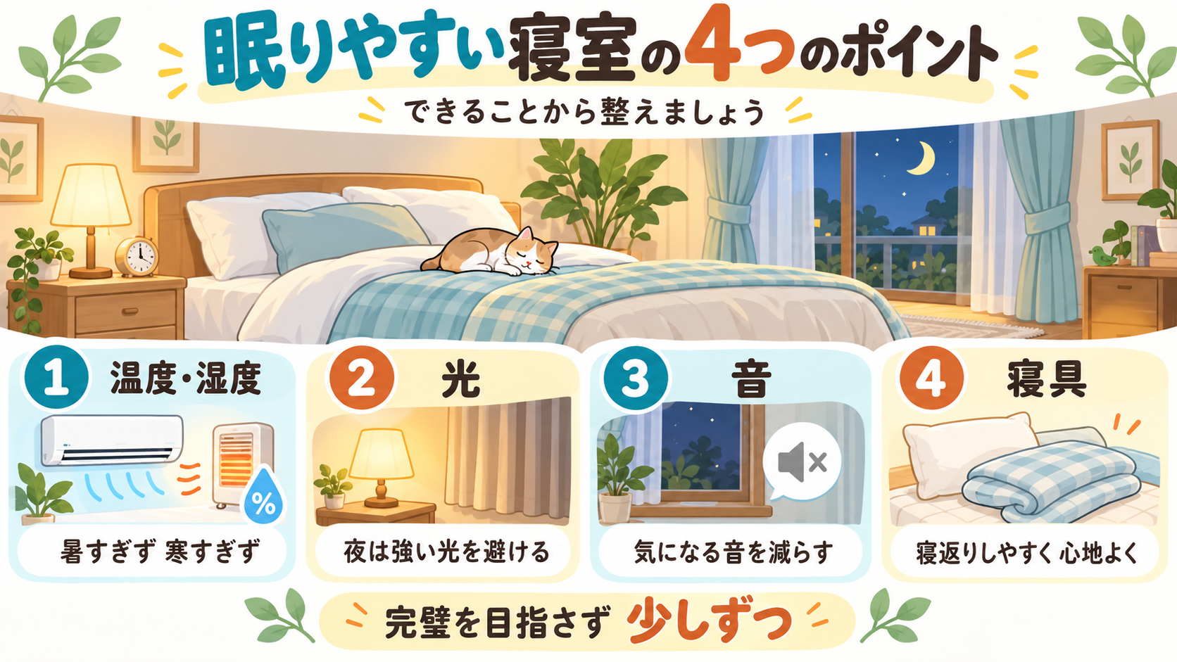 眠りやすい寝室の4つのポイント。温度と湿度、光、音、寝具を無理のない範囲で整える