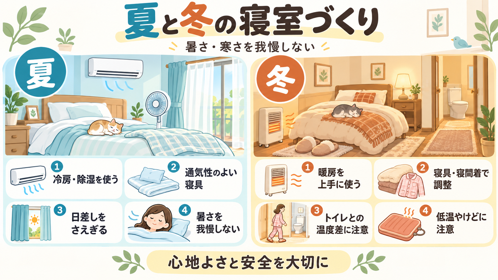 夏は冷房や除湿を使い、暑さを我慢しない。冬は暖房や寝具を調整し、トイレとの温度差や低温やけどにも注意する