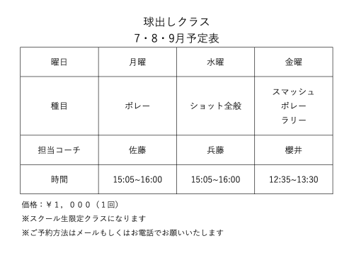 2024年7月・8月・9月の球出しクラスの予定表