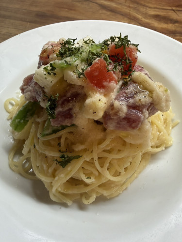 マグロとインゲンと山芋の冷製パスタ.jpg