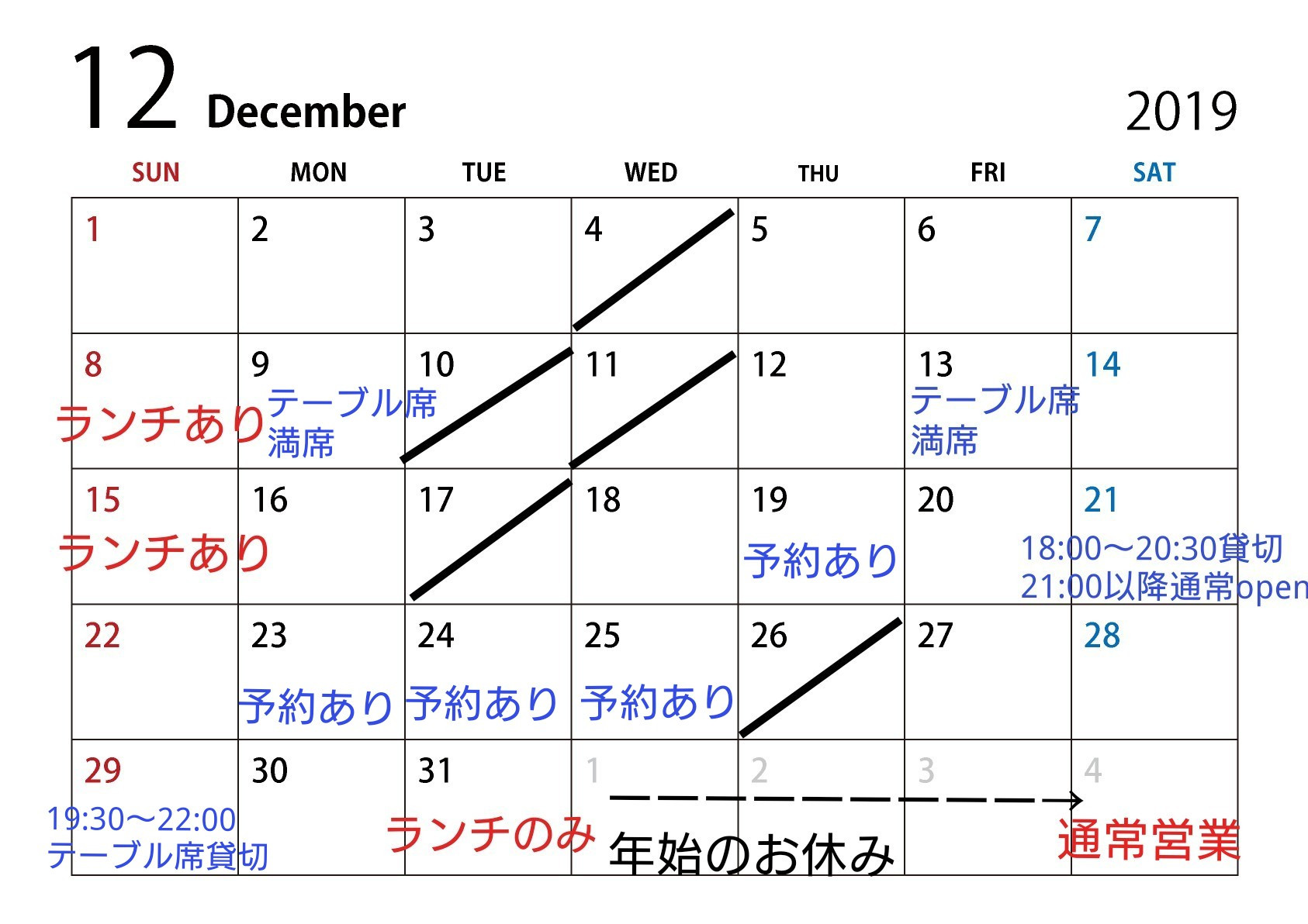 12月の営業(ランチ、予約状況について)