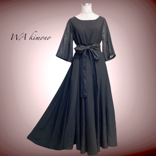 ブラックMIX七分袖ワンピース