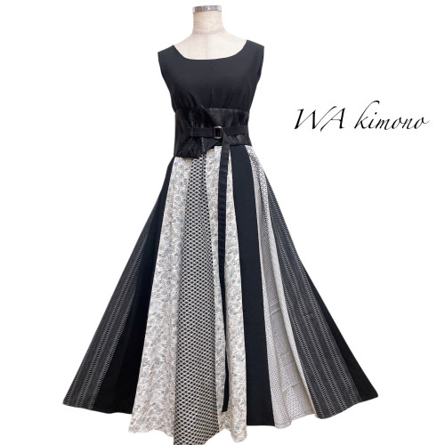 黒白MIX 着物 フレアーワンピース 