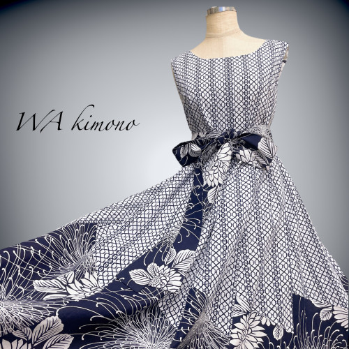 紺白浴衣ワンピース 
