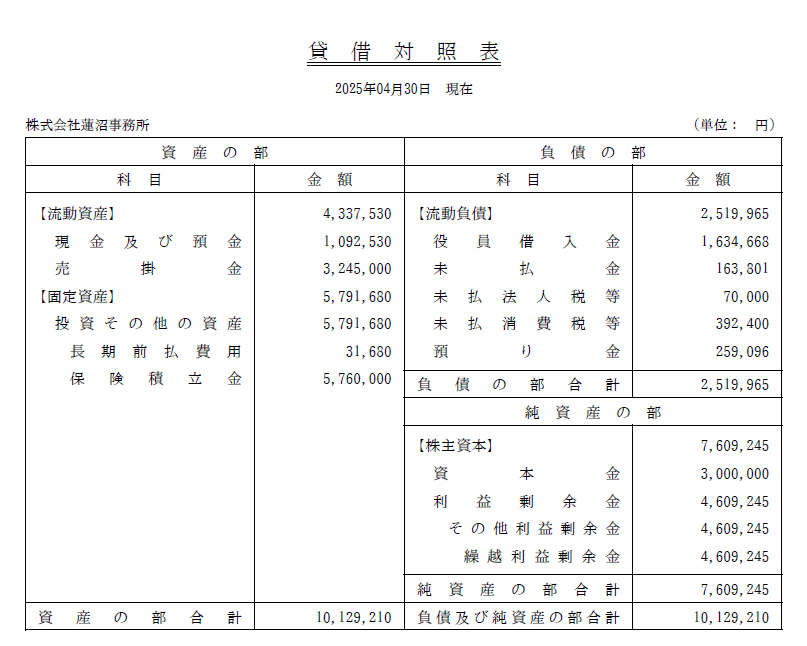 決算公告（2024年度ー第4期ー貸借対照表） 