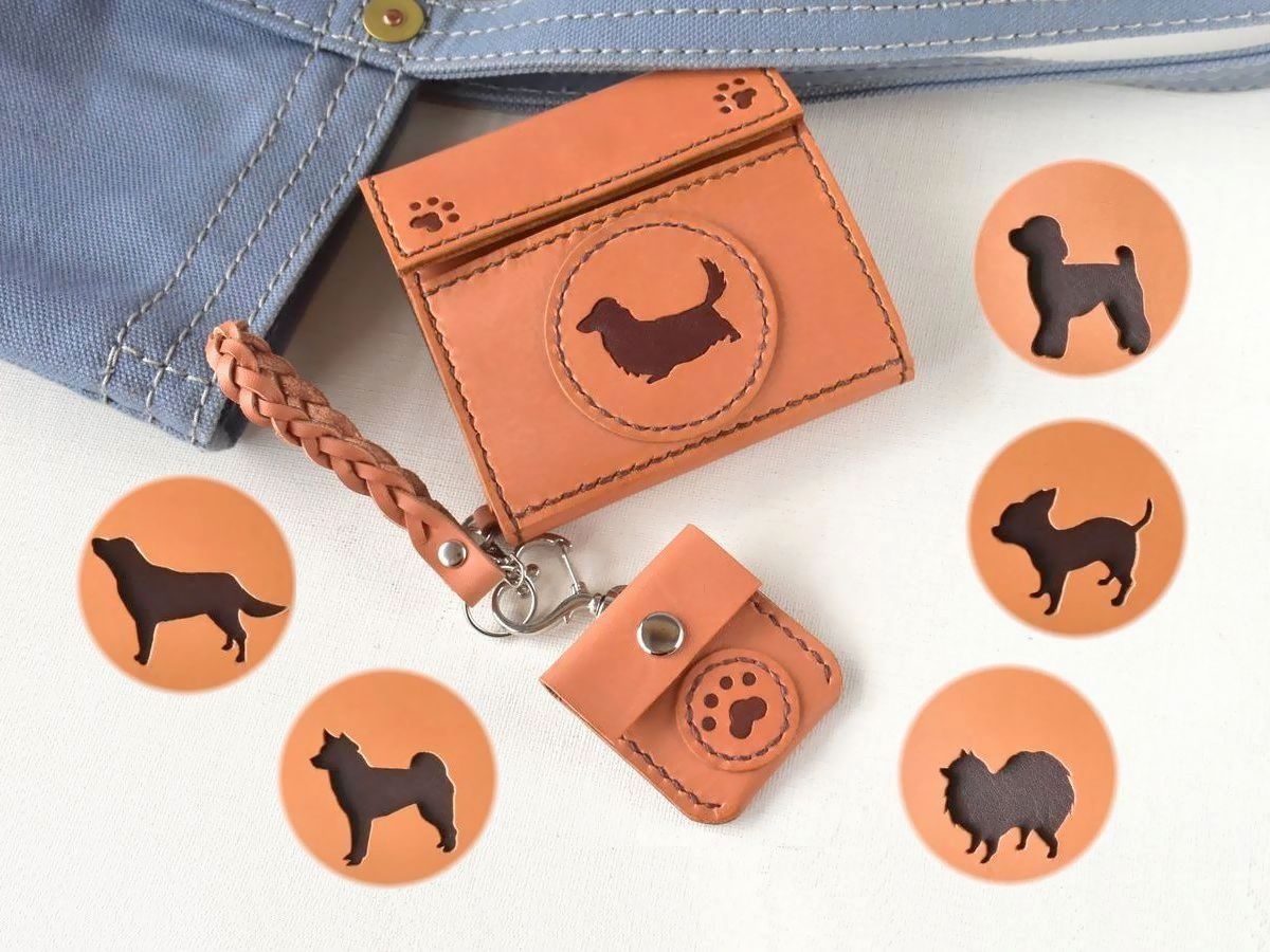 【犬のシルエット】カードが入る小さな革財布（ちび肉球コインケース付）
