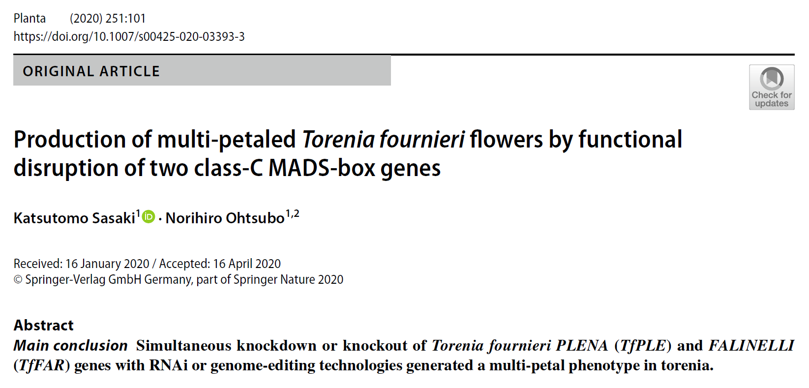 ゲノム編集によるトレニア多弁化の論文がPlantaに掲載されました。