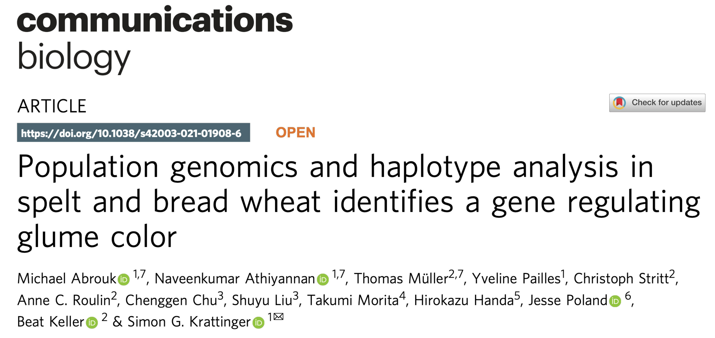 コムギの桴色を決める遺伝子Rg-B1を単離・同定するとともに、スペルト小麦の起源を明らかにした論文が、Communications Biologyに掲載されました