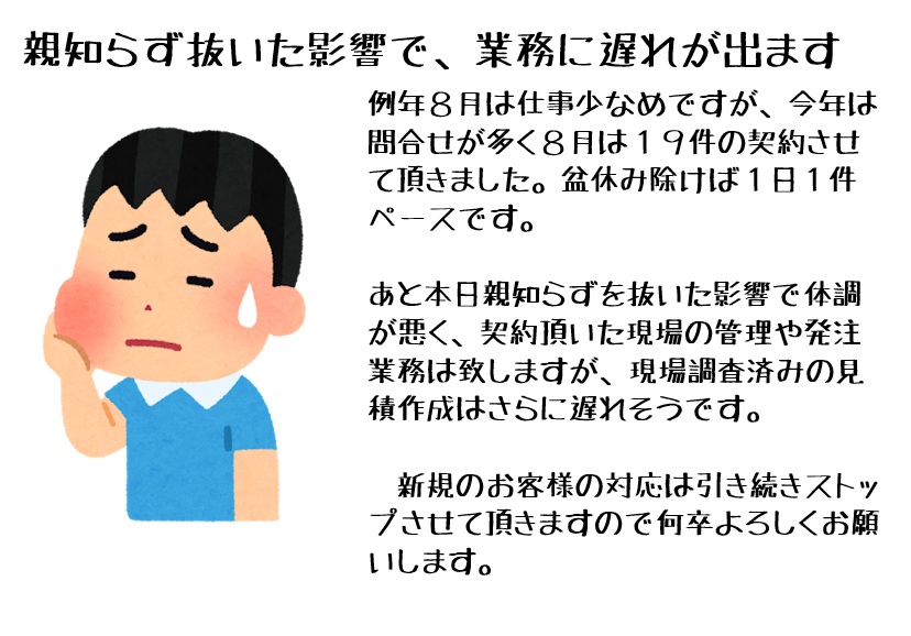 親知らずぬいた影響で、業務に遅れが出ます