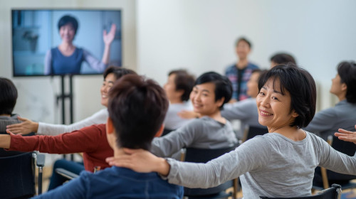 大きなモニターをみて、60代黒髪の10名日本人笑顔・もう少し若めに・明るい・長袖、椅子ヨガを画面見ながらやってる写真、モニターの中の先生も長袖で黒髪短め・受講者は、3人後ろ振り返り笑顔・.jpg
