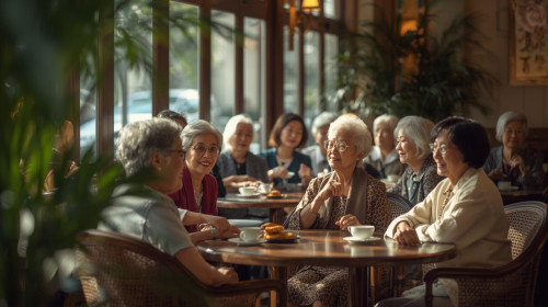 おしゃれなカフェ80代10名日本人綺麗なカフェにいる.jpg