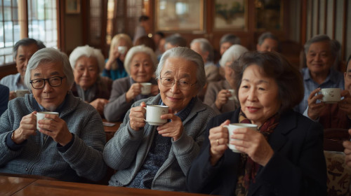 高齢者カフェの雰囲気で暖かいお飲み物を手に、15名70代男女(日本人)写真作成 (1).jpg