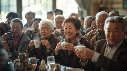 高齢者カフェの雰囲気で暖かいお飲み物を手に、15名70代男女(日本人)写真作成.jpg