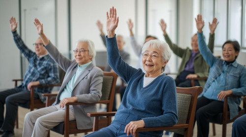 日本人男女８０代両手あげて、椅子にすわった、笑顔・体操してる写真７名.jpg