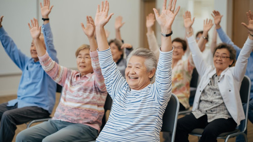 日本人男女80代両手あげて、椅子にすわった、笑顔・体操してる写真7名 (2).jpg