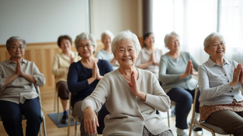 70代女性10名日本人長袖笑顔で、椅子ヨガしている写真 (2).jpg
