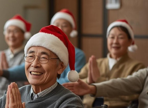 高齢者70代日本人男女クリマスの日に椅子ヨガしている長袖・笑顔・帽子クリマスのを被っている写真.jpg