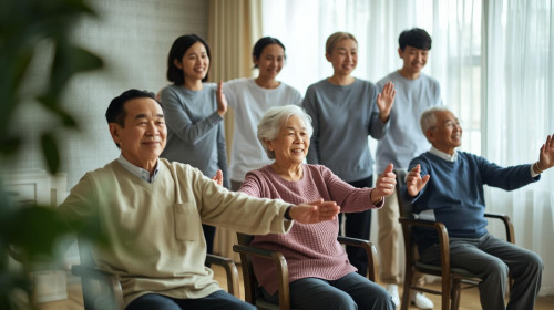 椅子ヨガ80代男女5名と介護士3名・長袖・笑顔（日本人全員）綺麗な写真.jpg
