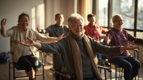 ７０歳　５名　　男女　冬に椅子ヨガしている写真・太陽の光があったってる部屋で、椅子ヨガしている　日本人男女長袖・笑顔 (1).jpg