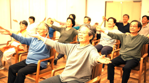 ７０歳　男女　日本人　椅子ヨガしている綺麗な、写真・長袖・笑顔　１０名.jpg