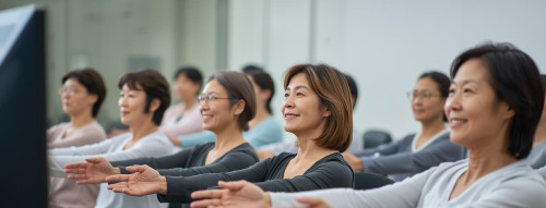 大きなモニター画面をみて椅子ヨガしている４０代から５０代女性１０名日本人・長袖・笑顔 (1).jpg