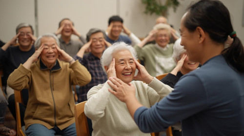 ７５歳日本人男女１０名　椅子に座って表情筋エクササイズしている写真で、笑顔・先生も日本人６０歳黒髪ポニーテール（全員長袖・笑顔 (3).jpg