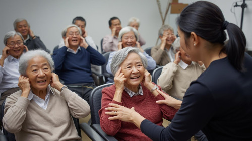 ７５歳日本人男女１０名　椅子に座って表情筋エクササイズしている写真で、笑顔・先生も日本人６０歳黒髪ポニーテール（全員長袖・笑顔 (2).jpg
