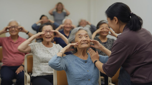 ７５歳日本人男女１０名　椅子に座って表情筋エクササイズしている写真で、笑顔・先生も日本人６０歳黒髪ポニーテール（全員長袖・笑顔.jpg