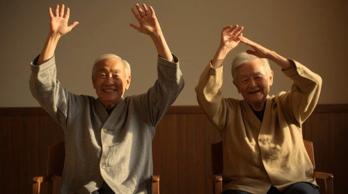 バンザイポーズしている80歳男女 長袖・日本人・笑顔椅子に座って体操 (2).jpg