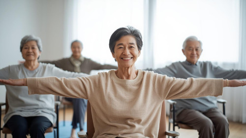 80歳男女椅子ヨガしている日本人長袖・笑顔5名.jpg