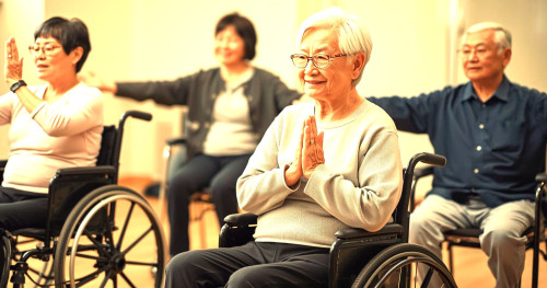 80歳男女椅子ヨガしてる写真日本人長袖・笑顔・車椅子2名とシニア３名 (1).jpg
