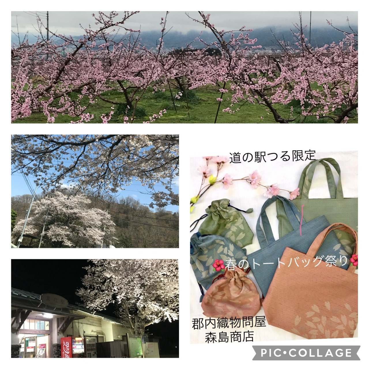 桜と桃と青空と。花盛り春の山梨へ🌺「道の駅つる限定春のトートバッグ祭」やってます。