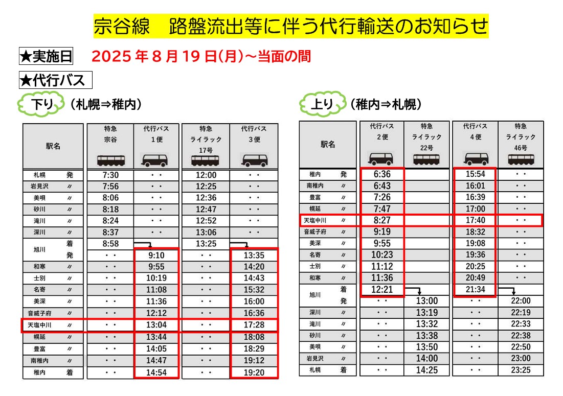宗谷線 路盤流出等に伴う代行輸送のお知らせ