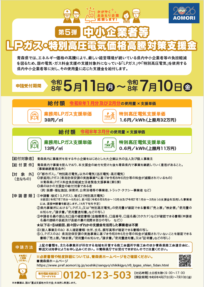「中小企業者等LPガス・特別高圧電気価格高騰対策支援金（第5弾）」実施のお知らせについて（令和8年1月分～3月分）