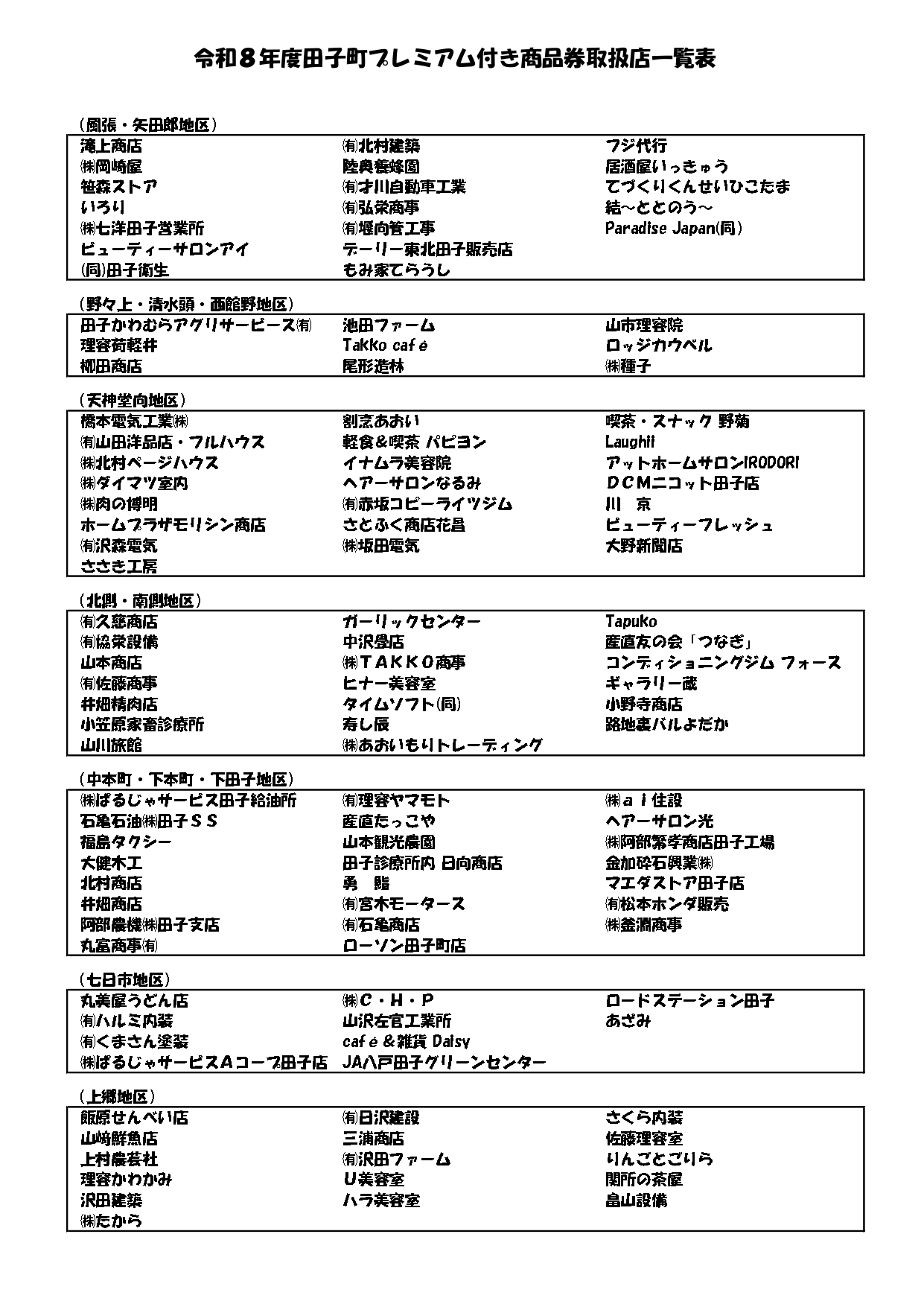 令和８年度田子町プレミアム付き商品券取扱店