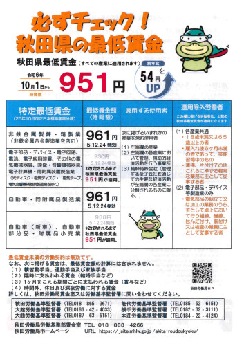 【お知らせ】10月1日からの秋田県最低賃金。