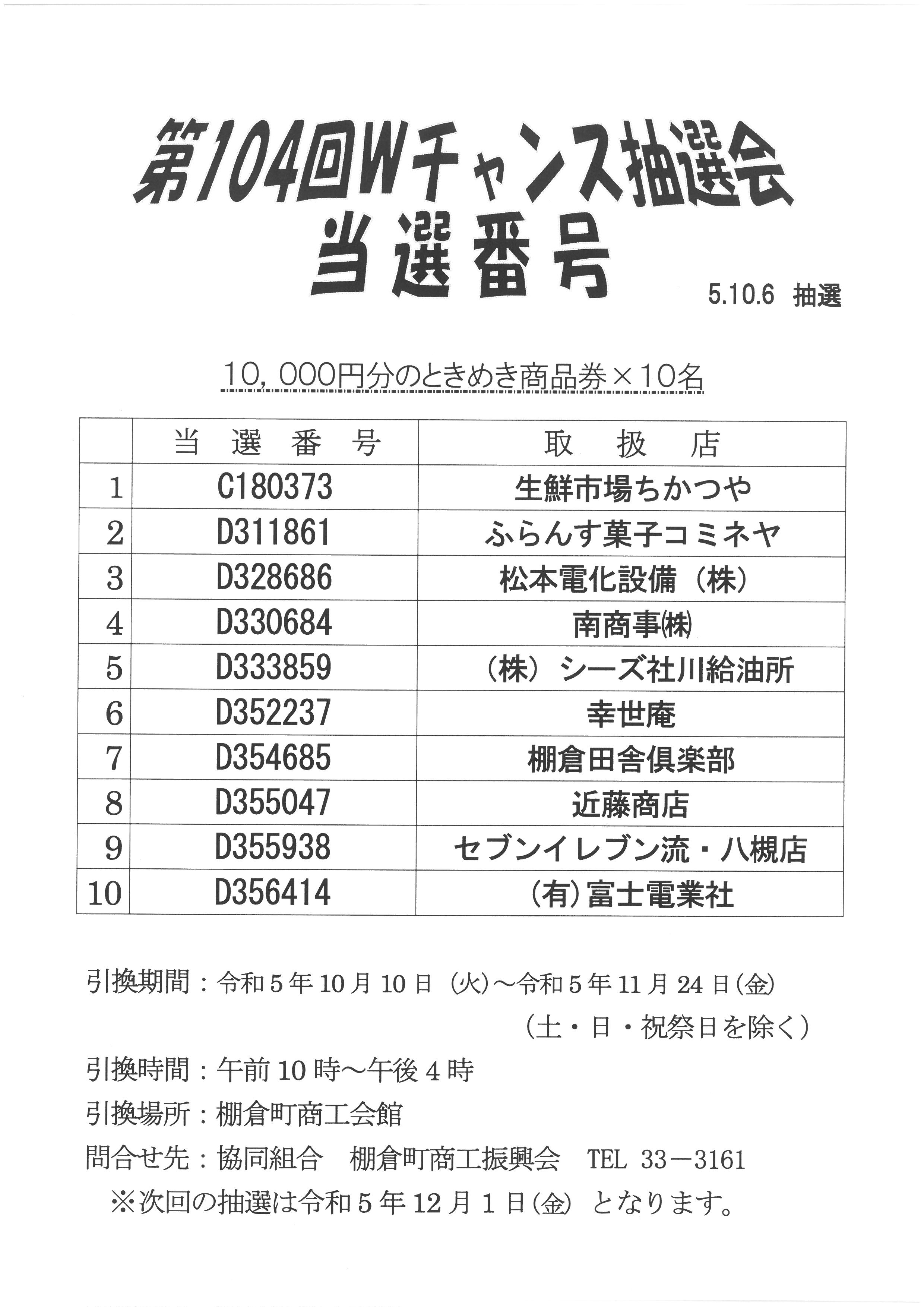 原因は自分にある。 Wチャンス当選品 第104回Wチャンス抽選会 当選番号 - 棚倉町商工会