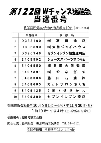 第122回Wチャンス抽選会　当選番号